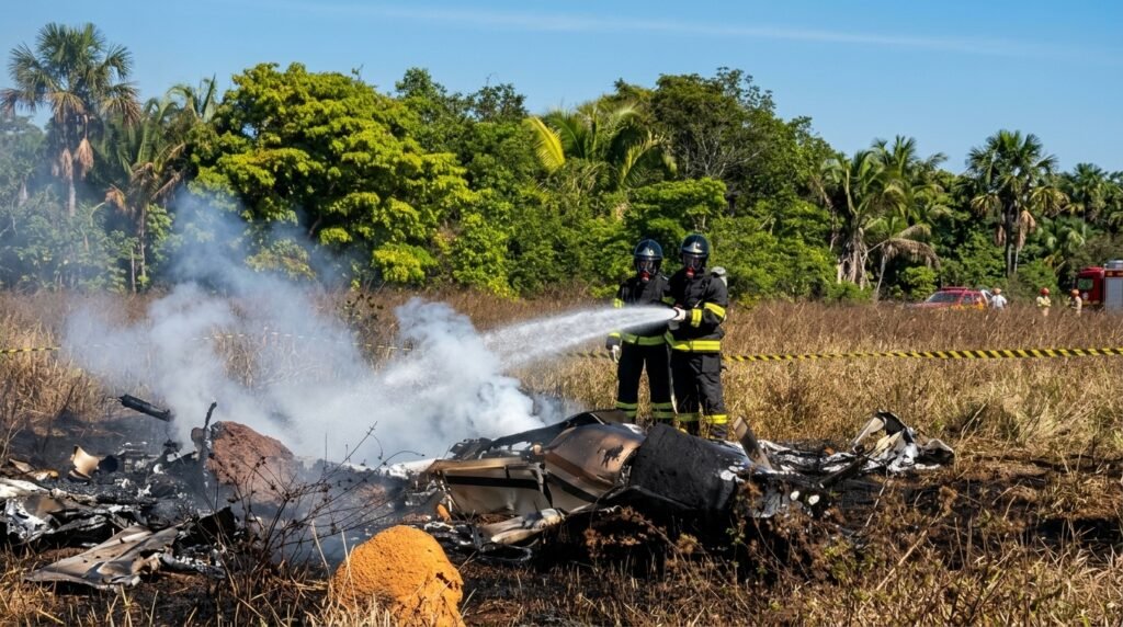 Avião de pequeno porte cai e pega fogo em fazenda de MT; três pessoas morrem